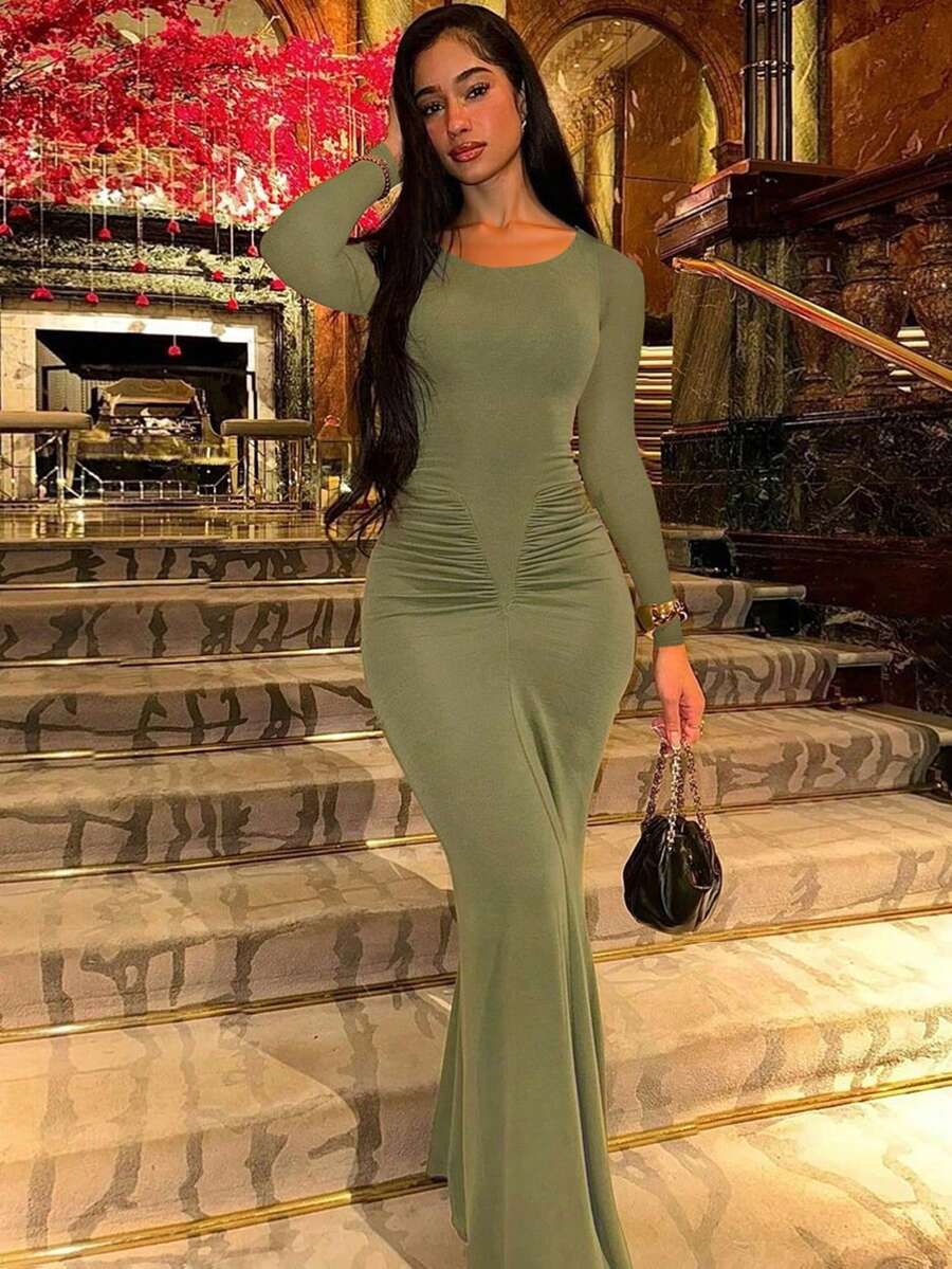 Women's Fashionable Elegant Ruched Crew Neck Long Sleeve Bodycon Dress Spring