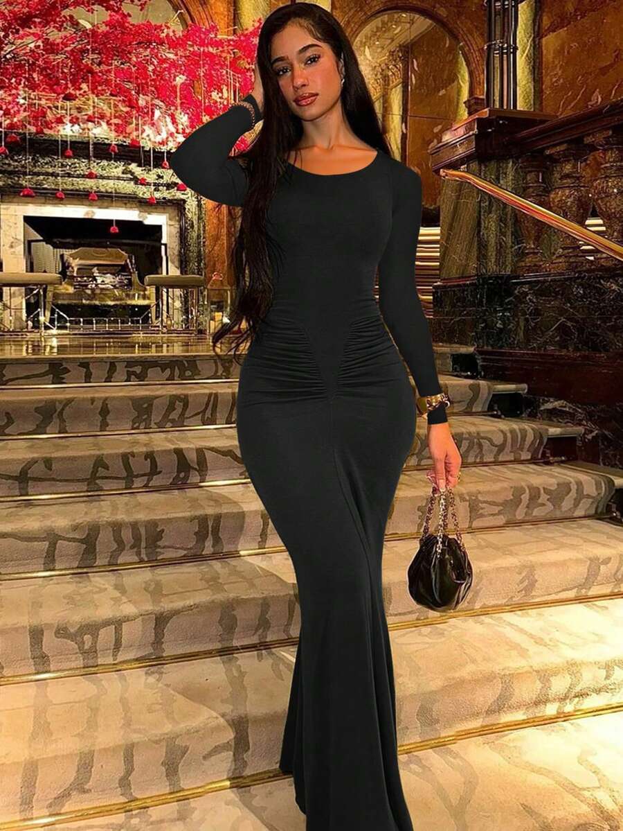 Women's Fashionable Elegant Ruched Crew Neck Long Sleeve Bodycon Dress Spring