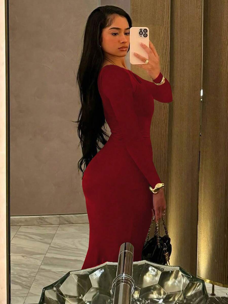 Women's Fashionable Elegant Ruched Crew Neck Long Sleeve Bodycon Dress Spring