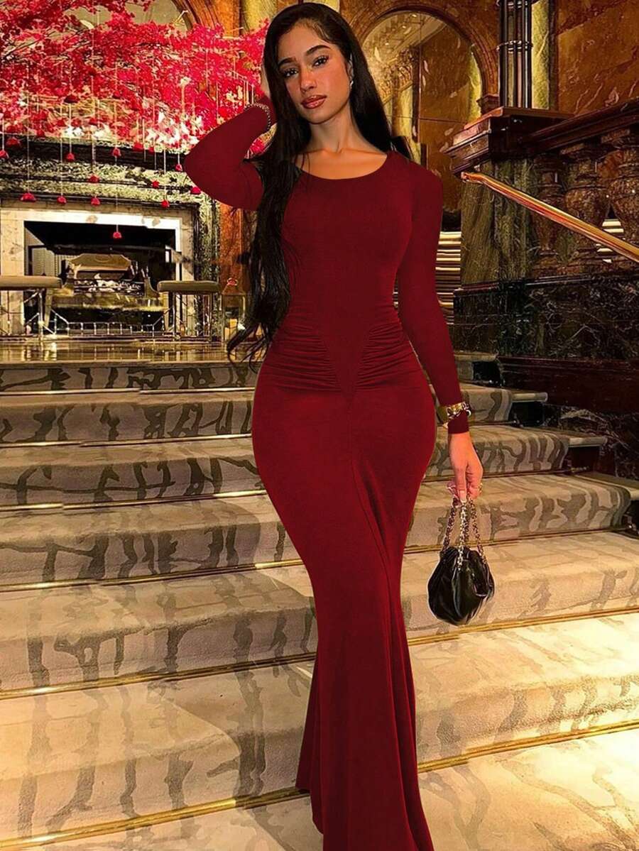 Women's Fashionable Elegant Ruched Crew Neck Long Sleeve Bodycon Dress Spring