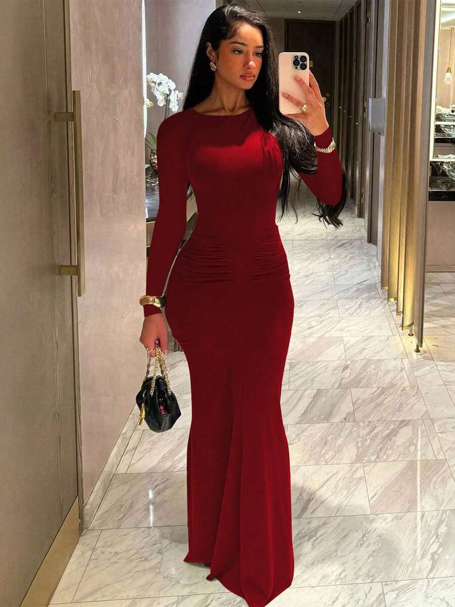 Women's Fashionable Elegant Ruched Crew Neck Long Sleeve Bodycon Dress Spring