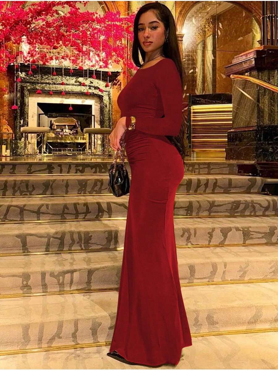 Women's Fashionable Elegant Ruched Crew Neck Long Sleeve Bodycon Dress Spring