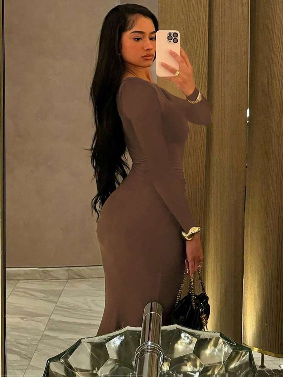 Women's Fashionable Elegant Ruched Crew Neck Long Sleeve Bodycon Dress Spring