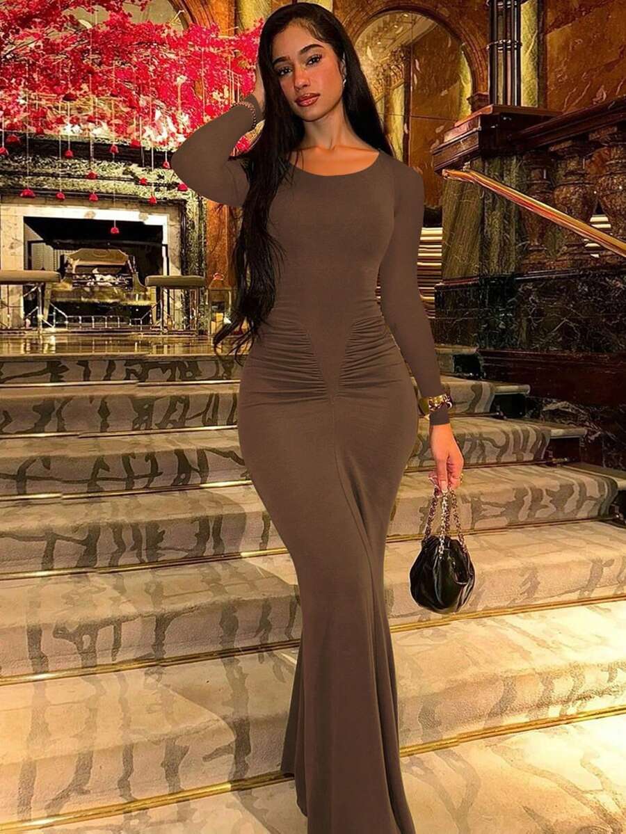 Women's Fashionable Elegant Ruched Crew Neck Long Sleeve Bodycon Dress Spring