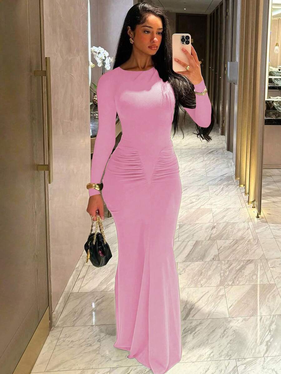 Women's Fashionable Elegant Ruched Crew Neck Long Sleeve Bodycon Dress Spring