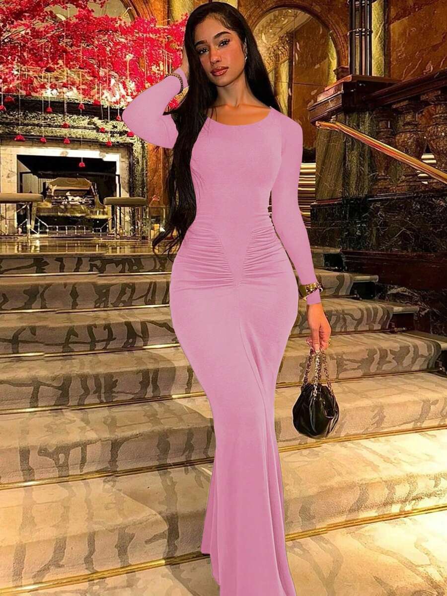 Women's Fashionable Elegant Ruched Crew Neck Long Sleeve Bodycon Dress Spring