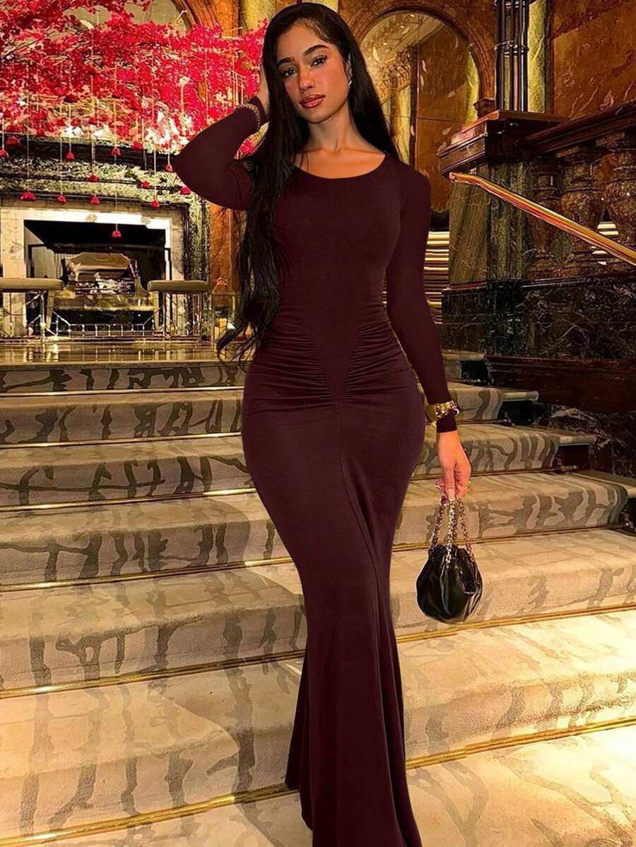 Women's Fashionable Elegant Ruched Crew Neck Long Sleeve Bodycon Dress Spring