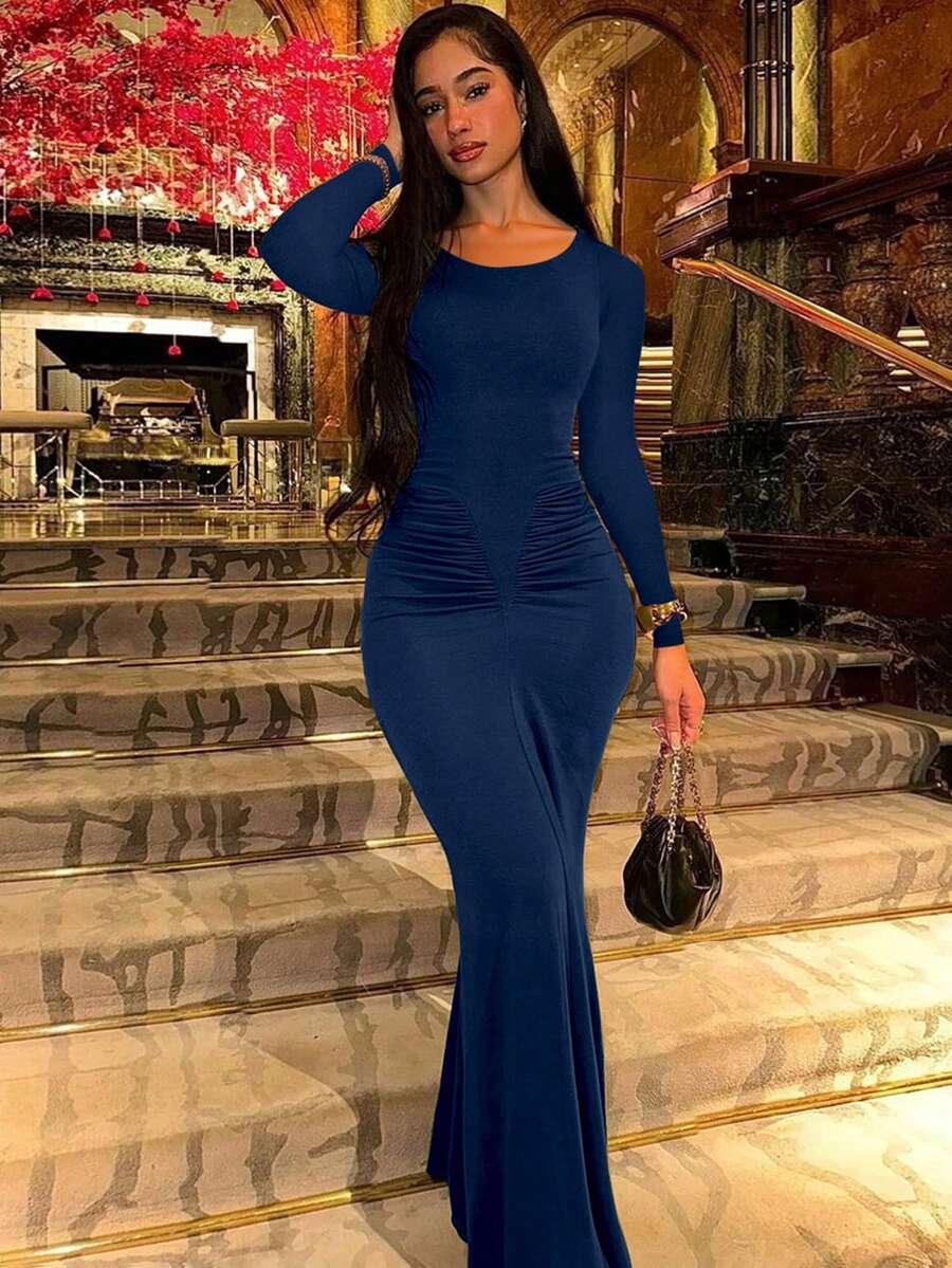 Women's Fashionable Elegant Ruched Crew Neck Long Sleeve Bodycon Dress Spring
