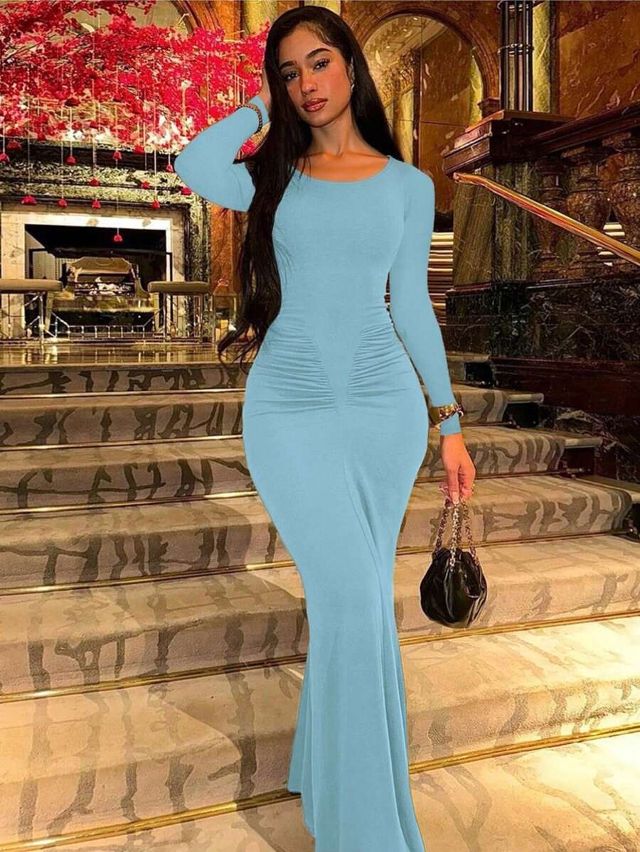 Women's Fashionable Elegant Ruched Crew Neck Long Sleeve Bodycon Dress Spring