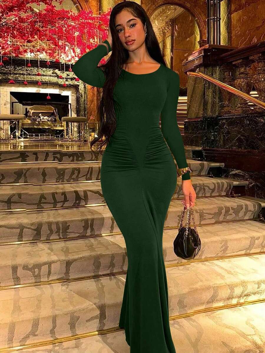 Women's Fashionable Elegant Ruched Crew Neck Long Sleeve Bodycon Dress Spring