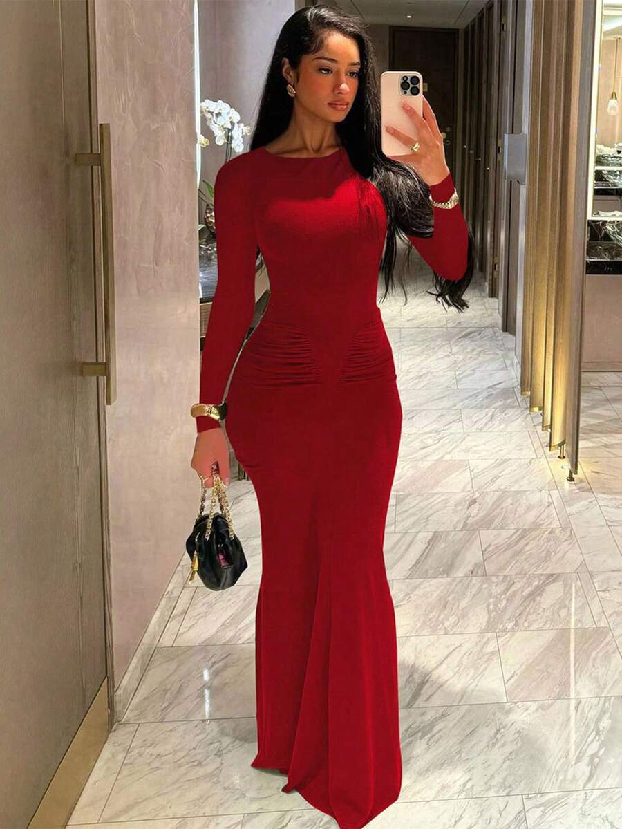 Women's Fashionable Elegant Ruched Crew Neck Long Sleeve Bodycon Dress Spring