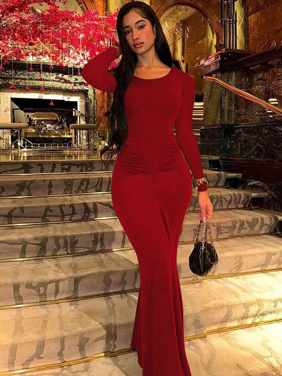 Women's Fashionable Elegant Ruched Crew Neck Long Sleeve Bodycon Dress Spring