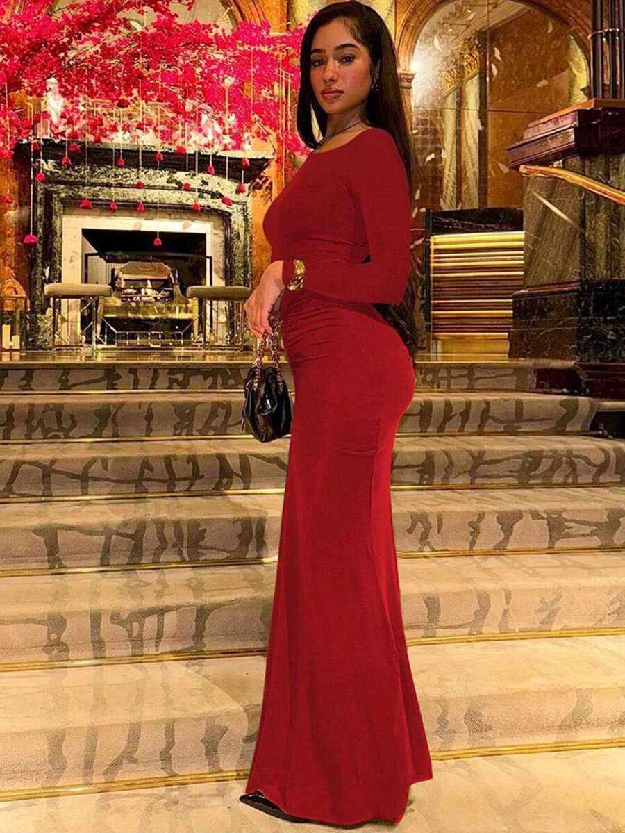 Women's Fashionable Elegant Ruched Crew Neck Long Sleeve Bodycon Dress Spring