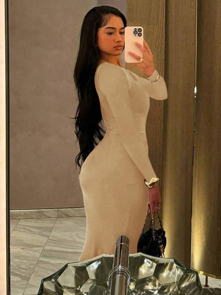 Women's Fashionable Elegant Ruched Crew Neck Long Sleeve Bodycon Dress Spring