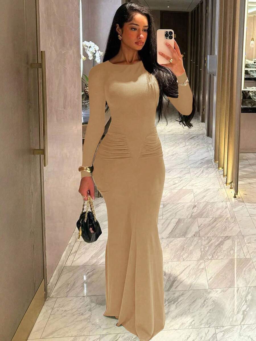Women's Fashionable Elegant Ruched Crew Neck Long Sleeve Bodycon Dress Spring