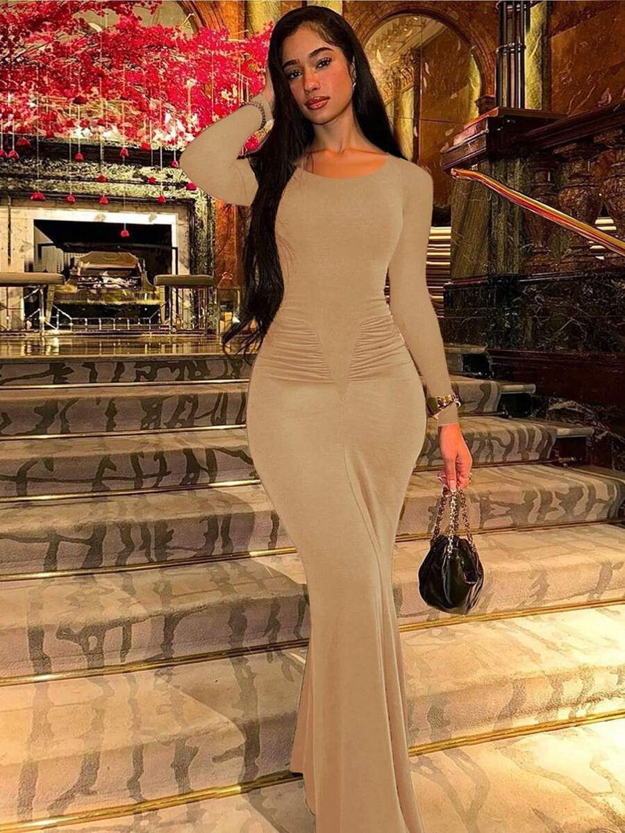Women's Fashionable Elegant Ruched Crew Neck Long Sleeve Bodycon Dress Spring