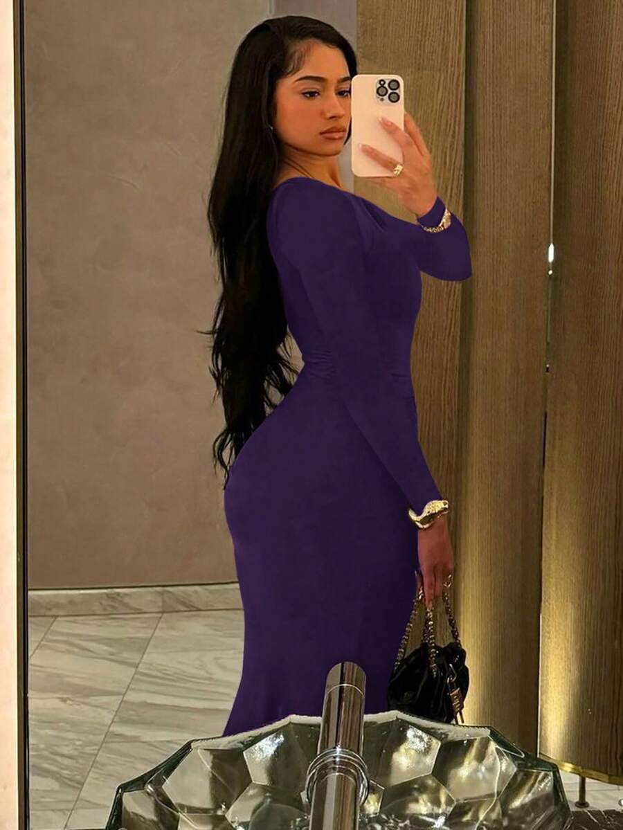 Women's Fashionable Elegant Ruched Crew Neck Long Sleeve Bodycon Dress Spring