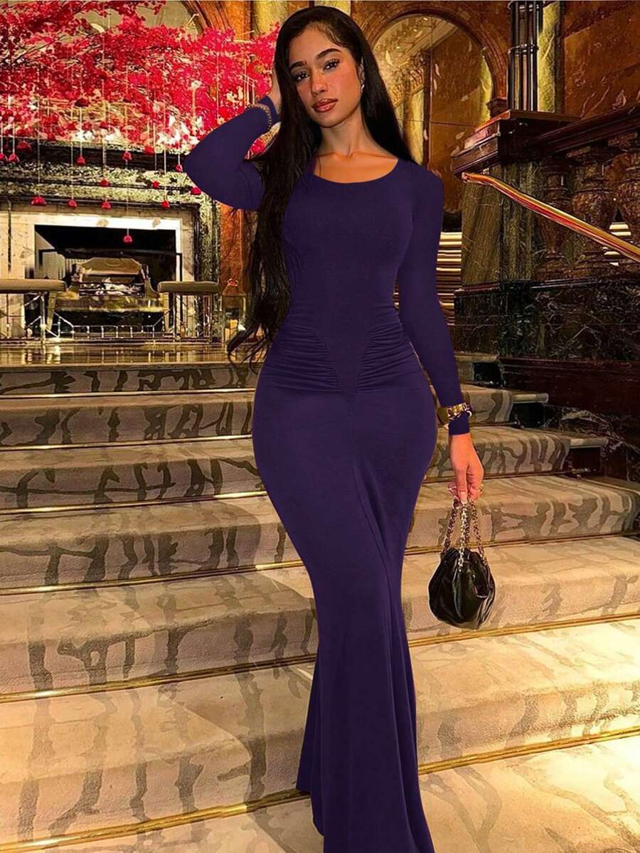 Women's Fashionable Elegant Ruched Crew Neck Long Sleeve Bodycon Dress Spring
