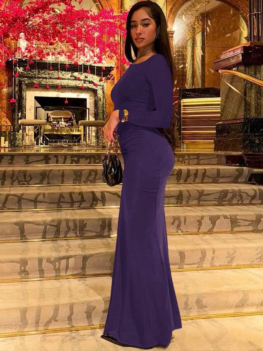 Women's Fashionable Elegant Ruched Crew Neck Long Sleeve Bodycon Dress Spring