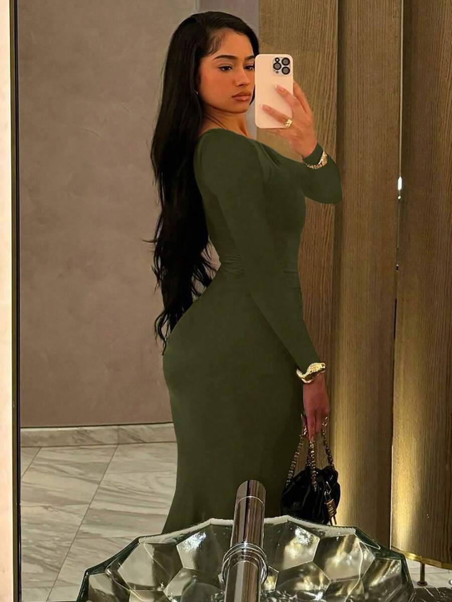 Women's Fashionable Elegant Ruched Crew Neck Long Sleeve Bodycon Dress Spring