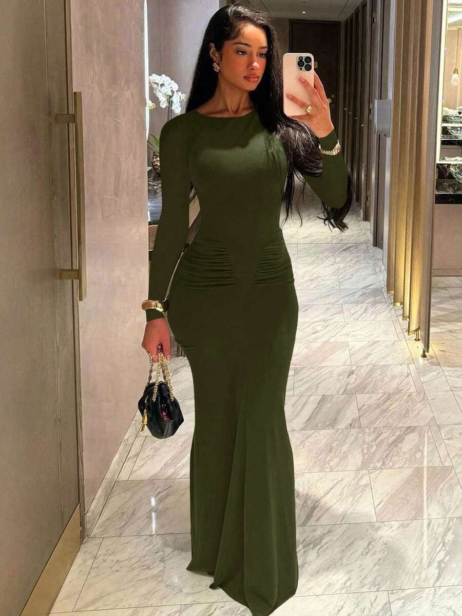 Women's Fashionable Elegant Ruched Crew Neck Long Sleeve Bodycon Dress Spring