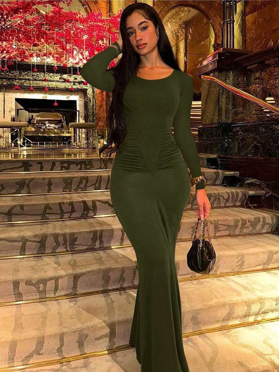 Women's Fashionable Elegant Ruched Crew Neck Long Sleeve Bodycon Dress Spring