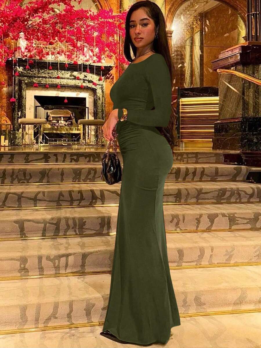 Women's Fashionable Elegant Ruched Crew Neck Long Sleeve Bodycon Dress Spring