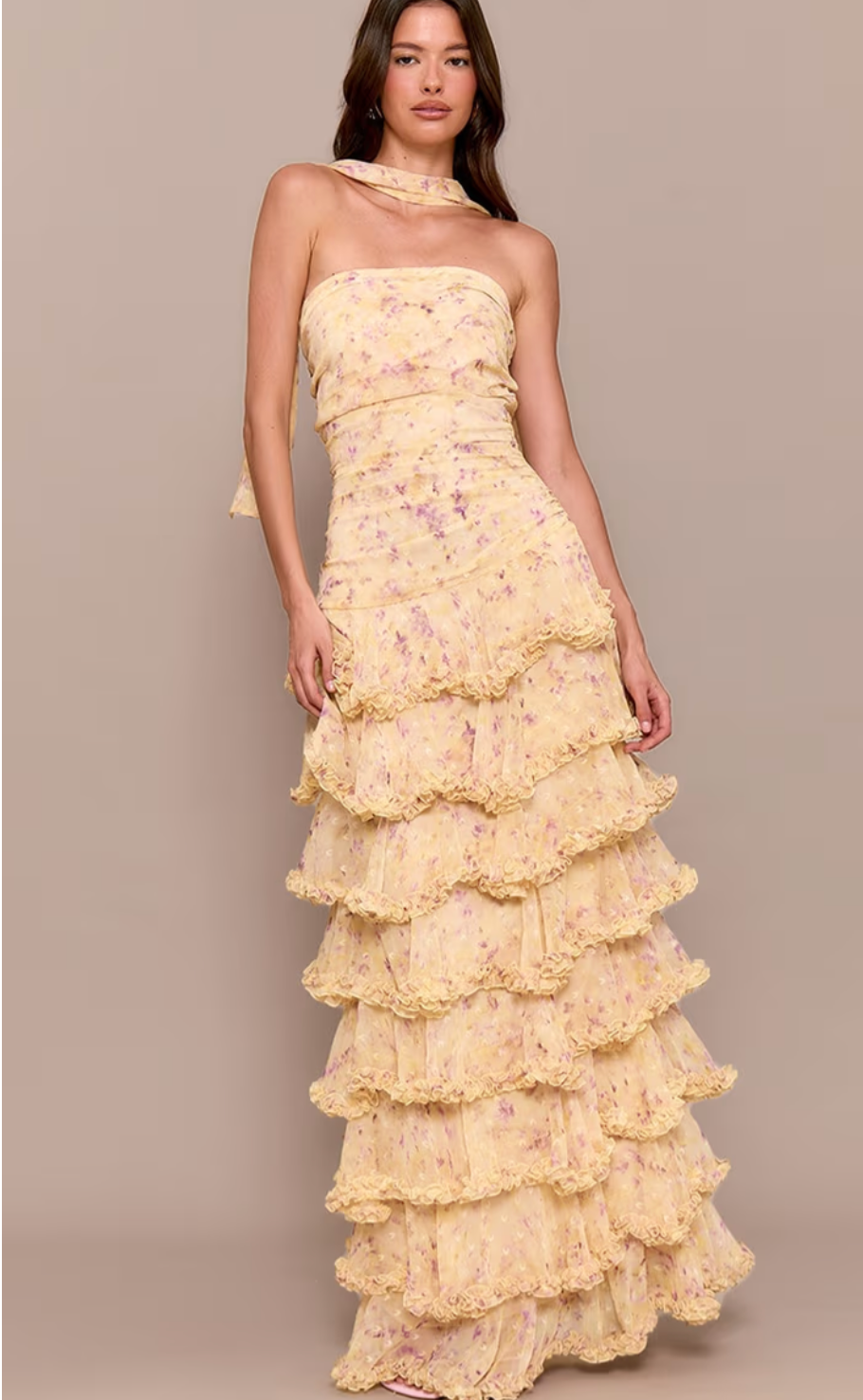 Yellow Floral Long Chiffon Dress