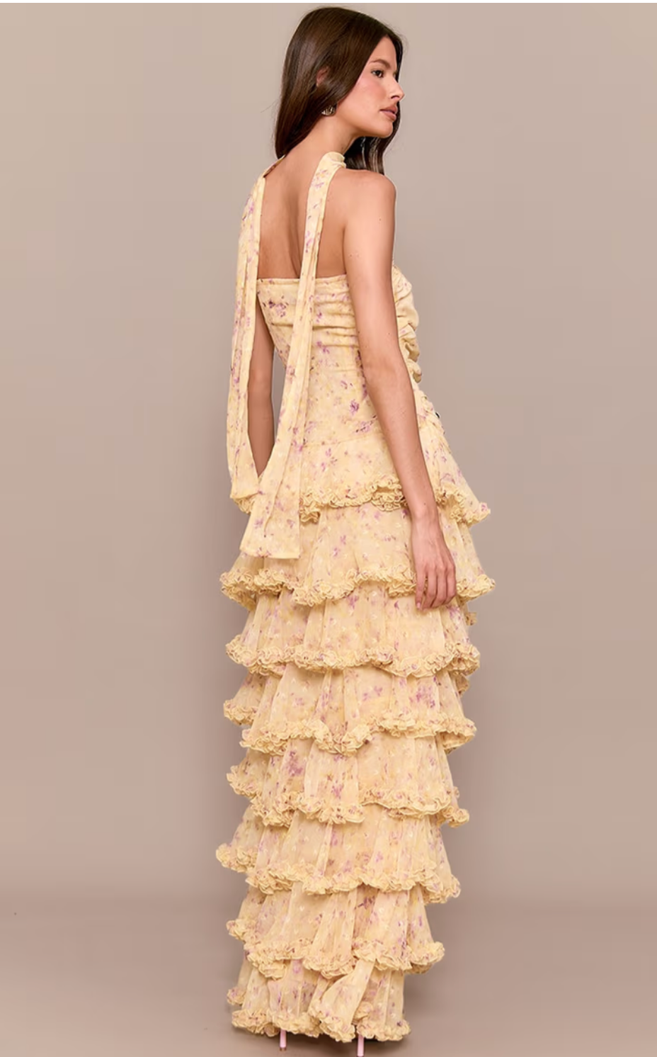 Yellow Floral Long Chiffon Dress