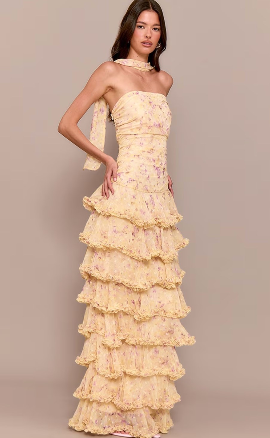 Yellow Floral Long Chiffon Dress
