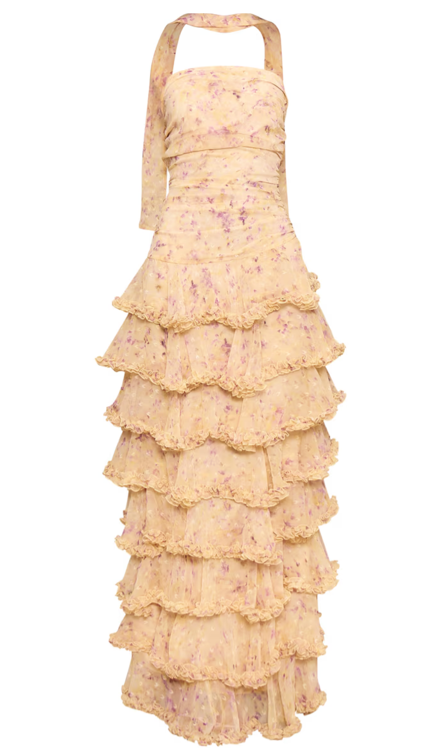 Yellow Floral Long Chiffon Dress